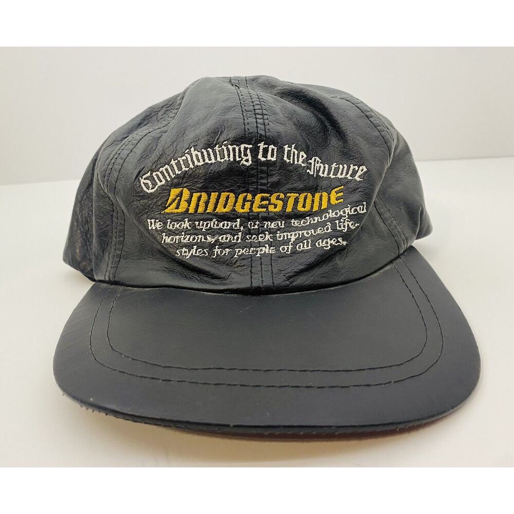 VINTAGE BLACK LEATHER BRIDGESTONE TIRE HAT CAP ADJUSTABLE